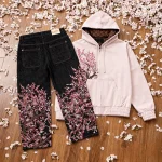 Y2K deux pièces Harajuku Vintage fleur de cerisier lisière broderie sweat à capuche surdimensionné Goth hommes femmes pantalon à jambes larges ensemble streetwear