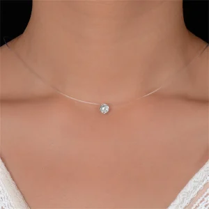 Collier en cristal brillant pour femmes, ligne de pêche transparente, rond en Zircon, ras du cou, chaîne de clavicule minimaliste, bijoux