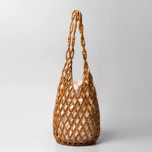 Sac à main tissé pour femmes, design d&rsquo;été, fourre-tout en perles de bois ajourées, sac à bandoulière seau, sac à main de plage en toile filet réticulé
