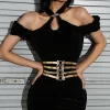 ceinture extensible dorée pour femmes, look élégant avec robe de soirée, couverture de taille, boucle à 4 rangées, ceinture creuse décorative