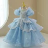 robe de princesse à fleurs scintillantes pour filles, manches bouffantes, en tulle à plusieurs niveaux, décolleté en perles, robe formelle de concours de fête de mariage, personnalisée