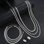 Ensemble de bijoux simples en acier inoxydable pour hommes, couleur argent, unisexe, Punk, Vintage, anneau lisse, collier, Bracelet, cadeaux, nouvelle collection 2024