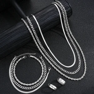 Ensemble de bijoux simples en acier inoxydable pour hommes, couleur argent, unisexe, Punk, Vintage, anneau lisse, collier, Bracelet, cadeaux, nouvelle collection 2024 Ensemble de bijoux simples en acier inoxydable pour hommes, couleur argent, unisexe, Punk, Vintage, anneau lisse, collier, Bracelet, cadeaux, nouvelle collection 2024