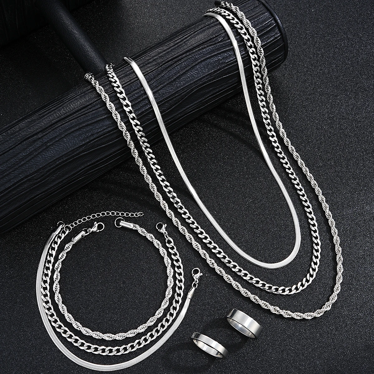 Ensemble de bijoux simples en acier inoxydable pour hommes, couleur argent, unisexe, Punk, Vintage, anneau lisse, collier, Bracelet, cadeaux, nouvelle collection 2024 Ensemble de bijoux simples en acier inoxydable pour hommes, couleur argent, unisexe, Punk, Vintage, anneau lisse, collier, Bracelet, cadeaux, nouvelle collection 2024