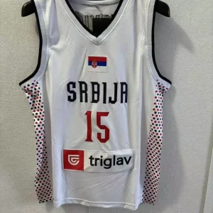 2025 Srbija 15 Jokic blanc bleu marine maillot séchage rapide respirant couture broderie tenue de ville maillots de basket-ball