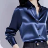 Chemise ample en soie à manches longues pour femmes, haut de couleur unie