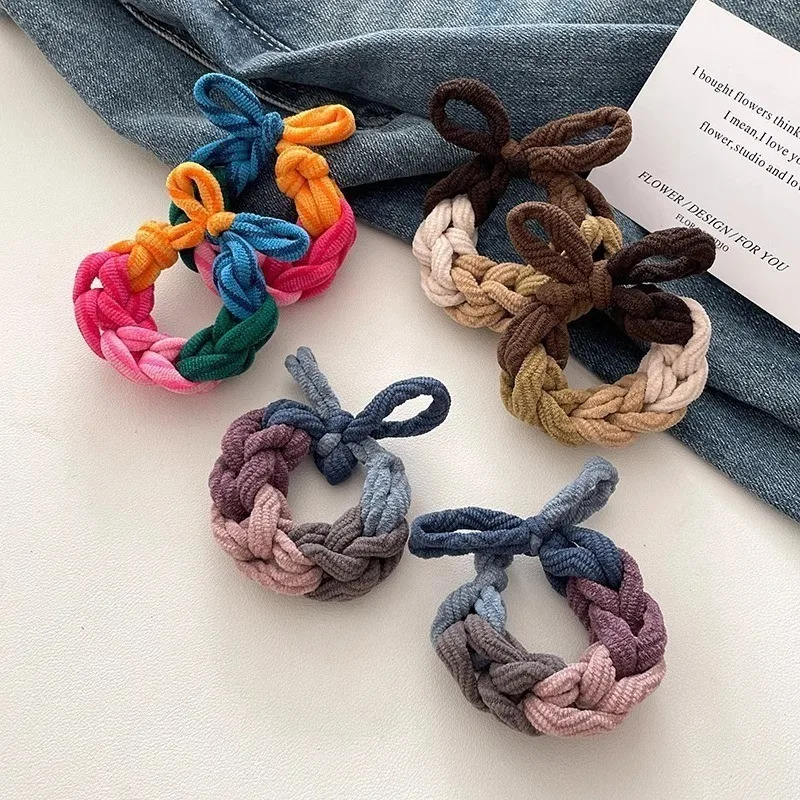anneau de cheveux épais avec nœud tressé pour femmes, corde à cheveux contrastée à haute élasticité, accessoires pour cheveux simples