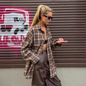 Chemise à carreaux décontractée pour femme, ample, boutons à revers, manteau à manches longues, confortable, Vintage, kaki, hauts féminins, Streetwear, automne hiver