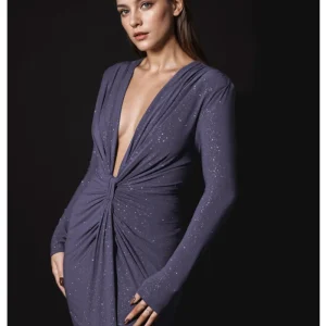 Robe Maxi à paillettes pour femmes, décolleté en V profond, élégante, manches longues, froncée, moulante, fendue, robe de soirée en boîte de nuit, LA7Q