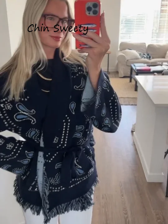 Manteaux à pampilles en Jacquard pour femmes, ceinture à lacets, col en v, châle, Cardigan, taille cintrée, hauts trapèze, mode automne, nouveaux vêtements féminins Manteaux à pampilles en Jacquard pour femmes, ceinture à lacets, col en v, châle, Cardigan, taille cintrée, hauts trapèze, mode automne, nouveaux vêtements féminins