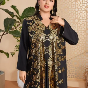 Musulman arabe femme ample décontracté rétro ethnique impression noir col en v manches longues vêtements Abaya femmes dubaï longue robe grande taille Musulman arabe femme ample décontracté rétro ethnique impression noir col en v manches longues vêtements Abaya femmes dubaï longue robe grande taille