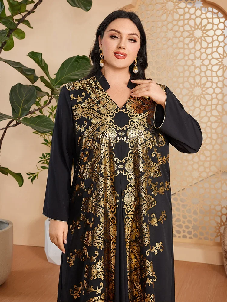 Musulman arabe femme ample décontracté rétro ethnique impression noir col en v manches longues vêtements Abaya femmes dubaï longue robe grande taille Musulman arabe femme ample décontracté rétro ethnique impression noir col en v manches longues vêtements Abaya femmes dubaï longue robe grande taille