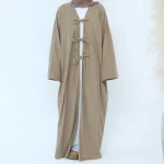 Abaya ouvert en velours côtelé d&rsquo;hiver, Kimono de dubaï modeste avec poches, robe pour femme musulmane, Cardigan épais et chaud sur le devant avec nœuds