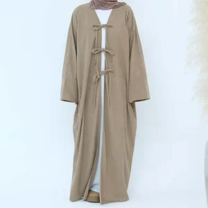 Abaya ouvert en velours côtelé d&rsquo;hiver, Kimono de dubaï modeste avec poches, robe pour femme musulmane, Cardigan épais et chaud sur le devant avec nœuds