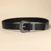 ceinture en cuir noir à boucle florale argentée vintage pour femme, style bohème unisexe, parfaite pour l'appariement de jeans, printemps, été