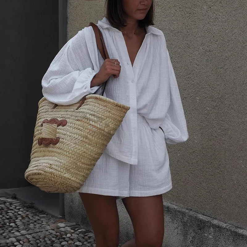 Ensembles courts amples pour femmes printemps été chemises de couleur unie à manches courtes 2 pièces ensembles tenue Vintage femmes costumes ensemble Short et haut
