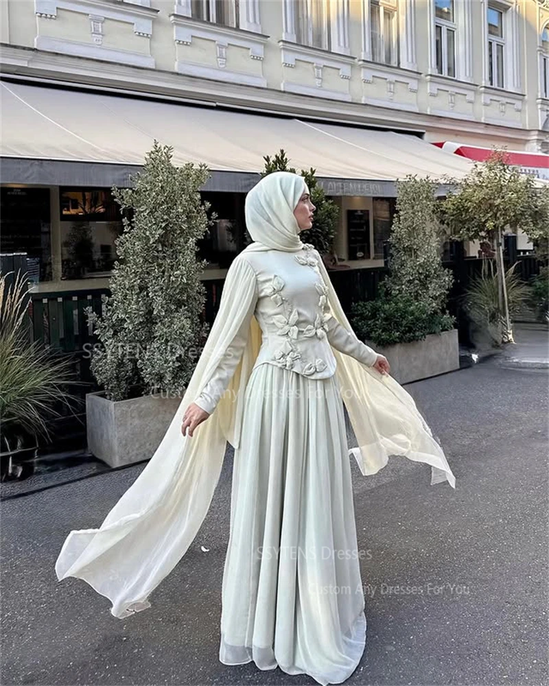 ssytens robes de soirée modestes avec hijab à manches longues cape robe de soirée de mariage musulmane à la main fleur robes de soirée personnalisées
