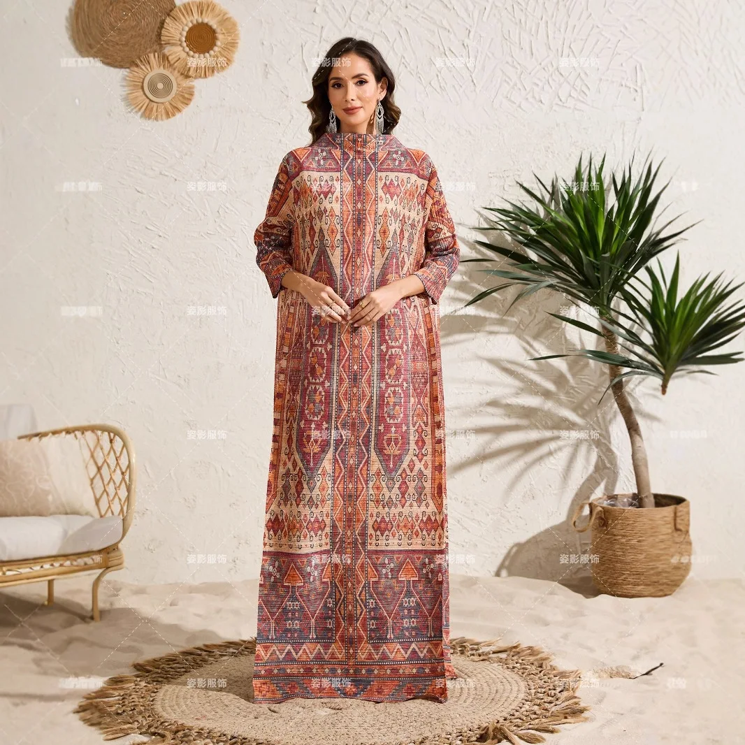 miyake mode style ethnique impression femmes robe plissée élastique ample à manches longues col montant abaya arabie saoudite robes