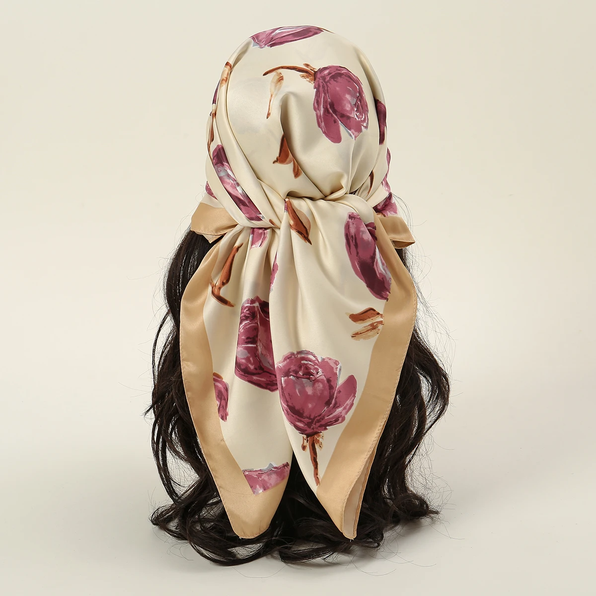 hijab en satin imprimé rose pour femme musulmane, bandana carré, bandeau d'Été, 85x85cm