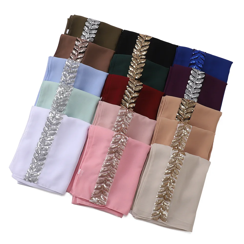 haute qualité perles en mousseline de soie hijab écharpe femmes musulmanes paillettes hijabs bandeau arabe plaine turban châles cheveux accessoires 175*70 cm