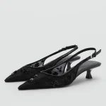 Élégant maille broder sandales à talons bas femmes été marque chaîne perle bout pointu talons Mules mode mariage robe de mariée chaussure