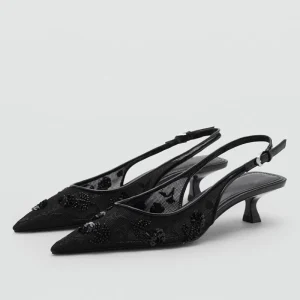 Élégant maille broder sandales à talons bas femmes été marque chaîne perle bout pointu talons Mules mode mariage robe de mariée chaussure