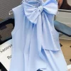 chemisier blanc pour femmes 2025 blusas mujer de moda pansement nœud sans manches chemises amples mode doux été blouses hauts femme