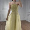 robe de soirée de luxe scintillante, col licou jaune perlé, avec gants, pour occasions formelles en arabe saoudien, serene hill, personnalisée, la72948