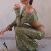 haut court à paillettes, jupe longue slim, ensemble deux pièces pour femmes, col bateau, manches longues, hauts amples, jupes de couleur unie, costumes sexy pour femmes