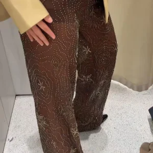 Mode couleur unie paillettes femmes pantalon cordon Style ample droit évasé 2025 printemps été haute rue femme pantalon