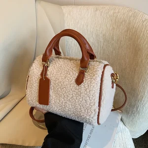 Sac à Main en Fausse Fourrure Beige pour Femme, Chaud, Moelleux, Laine d&rsquo;Agneau, Initié, Polyvalent, Petit, à Bandoulière, Café, Hiver 2024