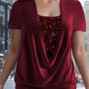Chemisier à paillettes pour femmes, luxueux, couleur unie, col rond, manches courtes, hauts élégants, vêtements de fête d&rsquo;été, 3XL