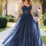 Robe de bal trapèze en Tulle scintillant, avec des Appliques en dentelle, longues bretelles Spaghetti, robes de soirée formelles avec fente personnalisée