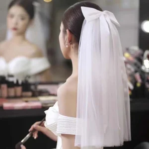 Châle Long en Satin avec nœud Premium, voile monocouche, couvre-chef de mariée romantique blanc, Tulle doux, coiffure de mariée douce pour mariage