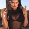 robe longue à capuche pour femmes, cover up de plage, transparente, en maille, sans manches, une pièce, vêtements y2k, noire