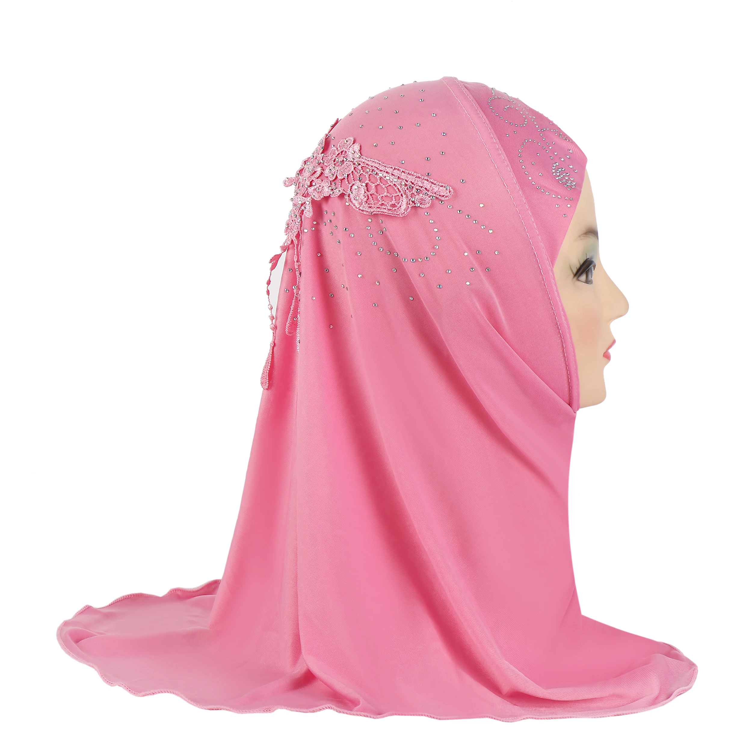 h039 belle petite fille amira hijab avec dentelle au dos ajustement 2 5 ans enfants tirer sur écharpe islamique foulard