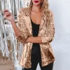 vestes de ixà paillettes brillantes pour femme, couleur unie, document brcorporelle, revers, cou, manches quart, taille initiée droite