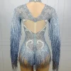 strass scintillants sexy manches longues gland perles une pièce combinaison courte tenues dancewear femmes scène performance body