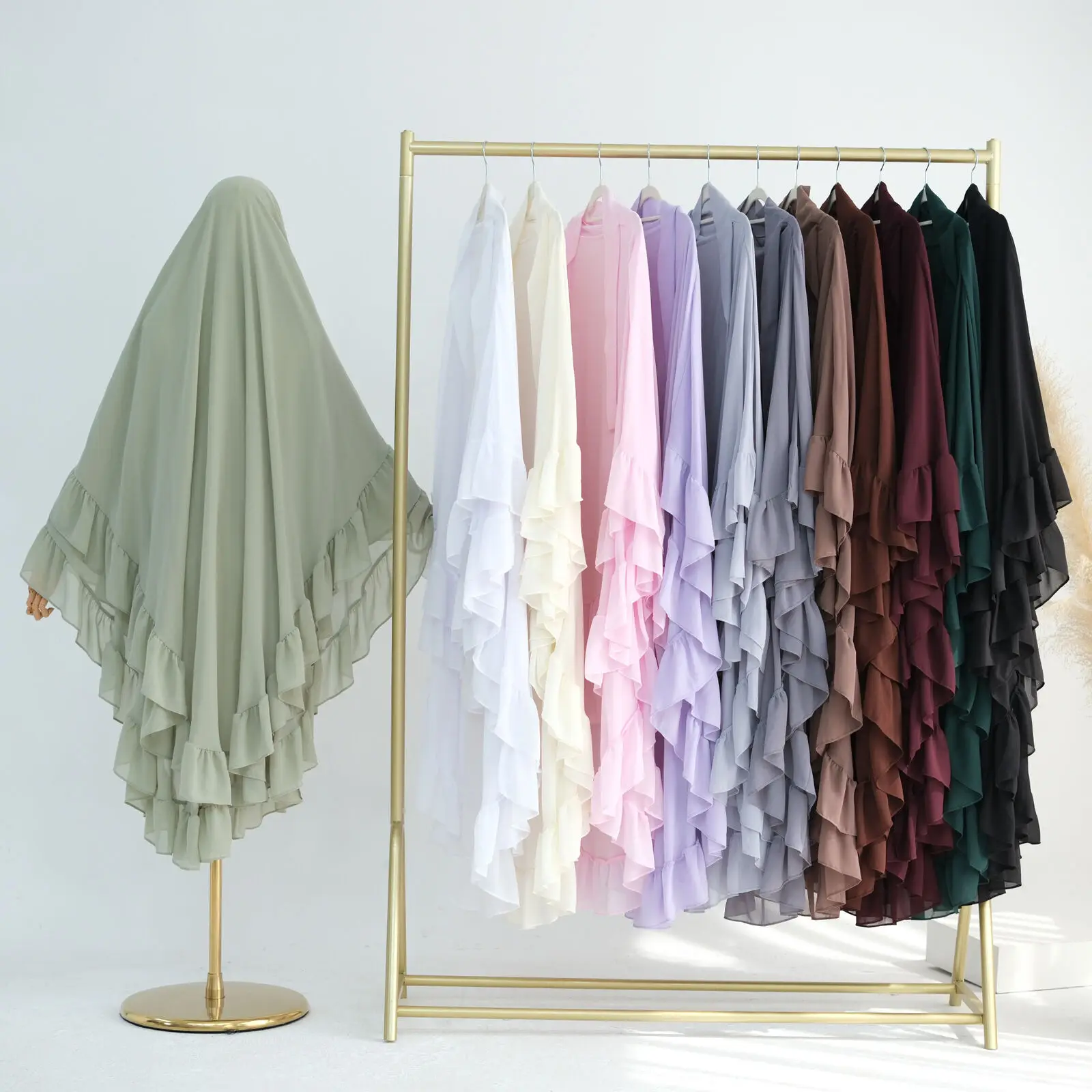 longue écharpe en mousseline de soie pour femmes musulmanes, hijab, dubaï, abaya, deux couches, à volants, enveloppes de sauna, châles, eid, arabe, islamique, tiens imar, ramadan
