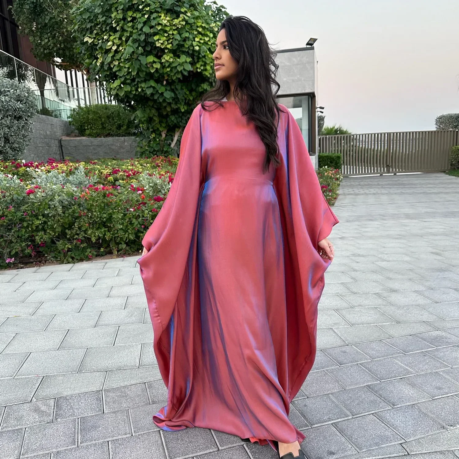 ramadan été manches chauve souris satin papillon abaya islam musulman maxi robe kebaya femmes caftan robe musulmane femme robes