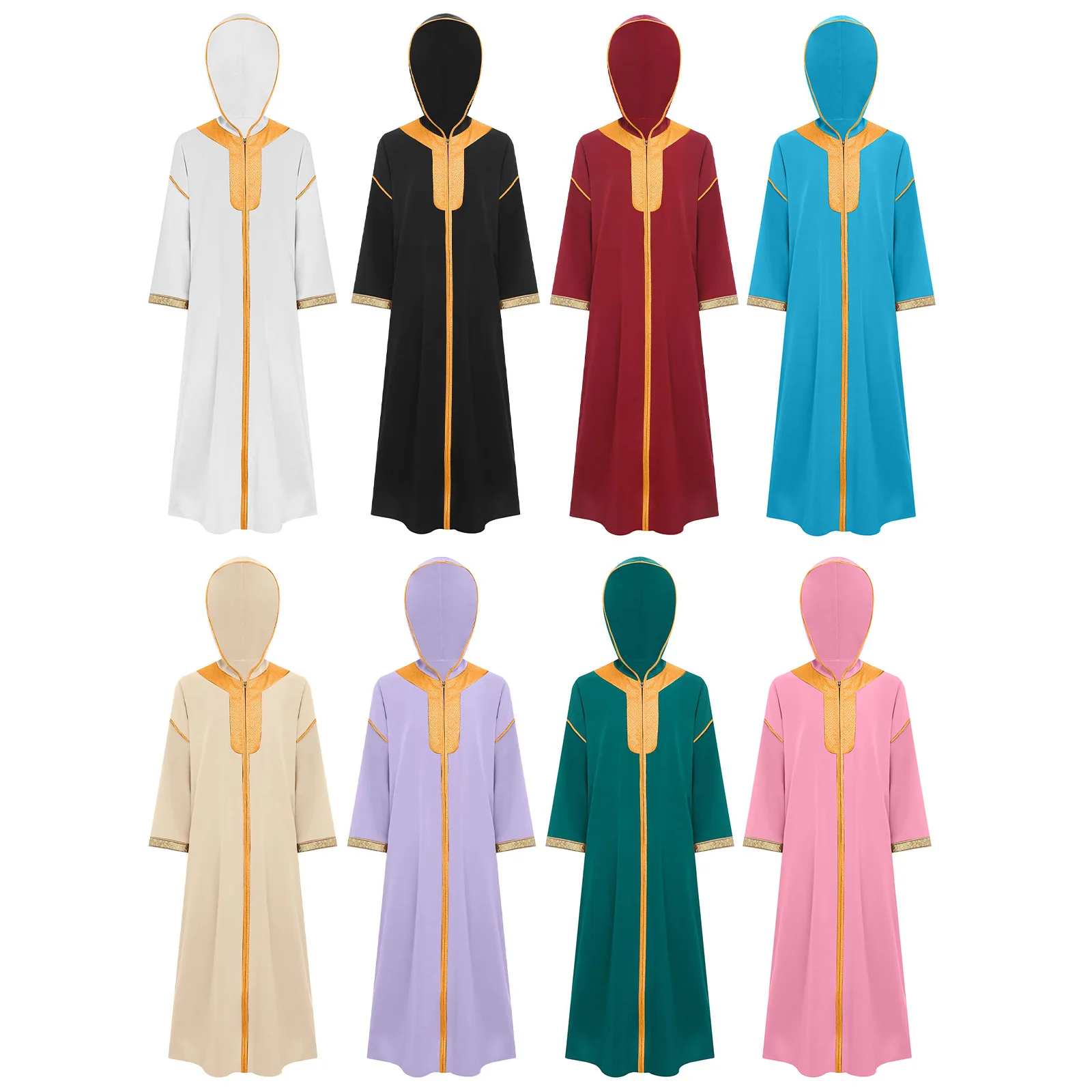 garçons filles musulman abaya robe à capuche arabe moyen orient islamique ramadan prière costume à manches longues zip or broderie robe caftan