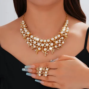 Ensemble de bijoux pour femmes, collier de perles à la mode, ensemble de boucles d&rsquo;oreilles, collier de clavicule, bijoux de mariage pour mariée, 3 pièces