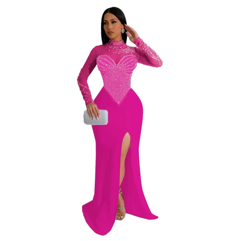 robe transparente en biscuits pour femme, manches longues, col rond, mince, fente latérale, soirée formelle, sexy, élégante, printemps, automne, nouveau