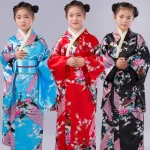 Peignoir Kimono japonais pour enfants asiatiques, robe Yukata paon de Style japonais Obi Vintage Haori, Costume de Cosplay d&rsquo;halloween