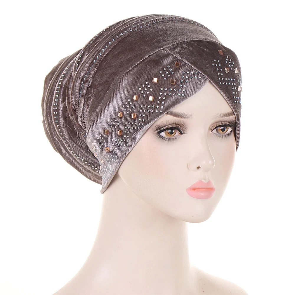 casquettes de turban musulmanes, hijabs intérieurs en velours doré pour femmes avec perceuse, tête enveloppante ethnique islamique, prêt à porter, bonnet hijab