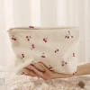 Trousse de maquillage en velours côtelé imprimé cerise, boîte de rangement de maquillage légère à fermeture éclair, sac multifonctionnel avec doublure