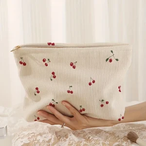 Trousse de maquillage en velours côtelé imprimé cerise, boîte de rangement de maquillage légère à fermeture éclair, sac multifonctionnel avec doublure