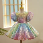 Robe à paillettes ombrées pour filles, scintillante Pastel, manches bouffantes, vêtements de fête d&rsquo;anniversaire pour filles