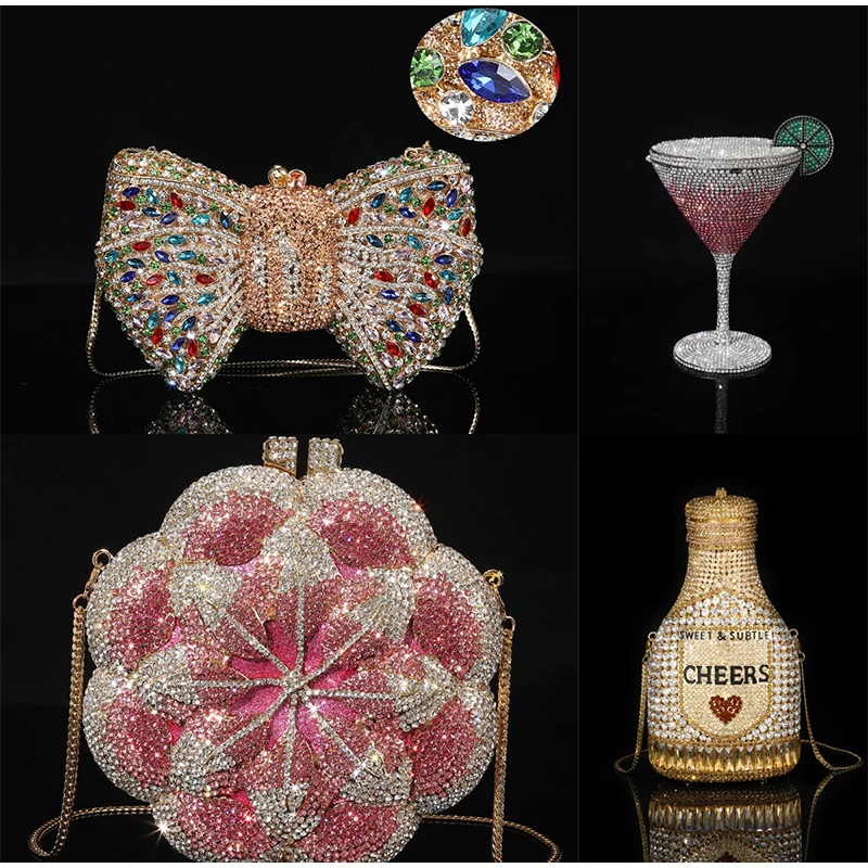 pochette de luxe haut de gamme, nouvelle mode, exquise, brillante, bouteille de champagne, nœud en strass, chaîne en cristal, cadeau, pochette de fête