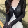 cardigan en tricot côtelé pour femmes, garniture en dentelle, un bouton, manches longues, haut court, ouvert sur le devant, pull, tenue féerique d'été